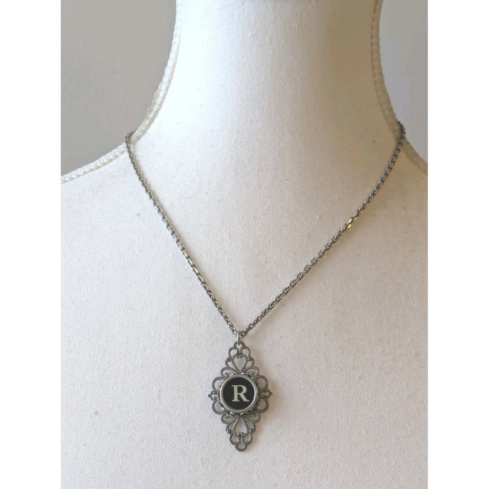 Typewriter Letter R Pendant Necklace Silver Tone Black Accent Monogram